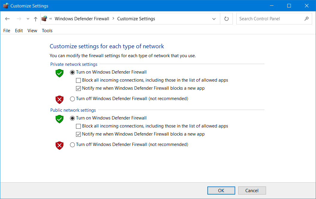 Kapcsolja ki a Windows Defender tűzfal beállításait a forza horizon 4 alkalmazáshoz, amelyet ez az alkalmazás nem tud megnyitni