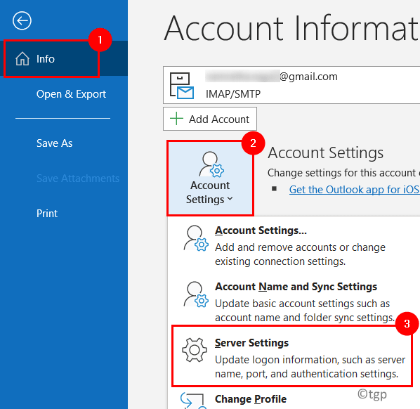 Nastavenia servera Outlook Account Min