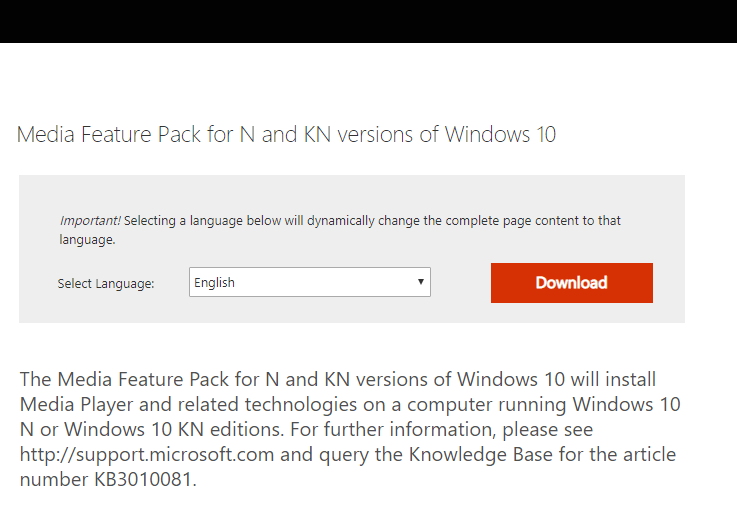 Značajke igranja stranice Media Feature Pack nisu dostupne za Windows radnu površinu