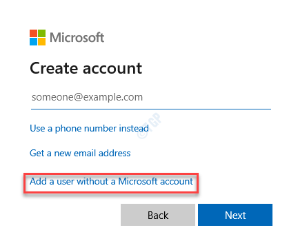 खाता बनाएँ Microsoft खाते के बिना एक उपयोगकर्ता जोड़ें