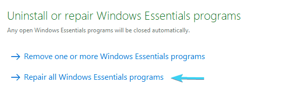 すべてのWindowsLiveプログラムを修復する