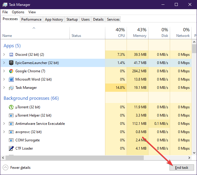 EPic Games Task Manager slutt