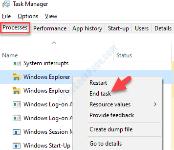 Užduočių tvarkyklė apdoroja „Windows Explorer“ dešiniuoju pelės mygtuku spustelėkite Baigti užduotį