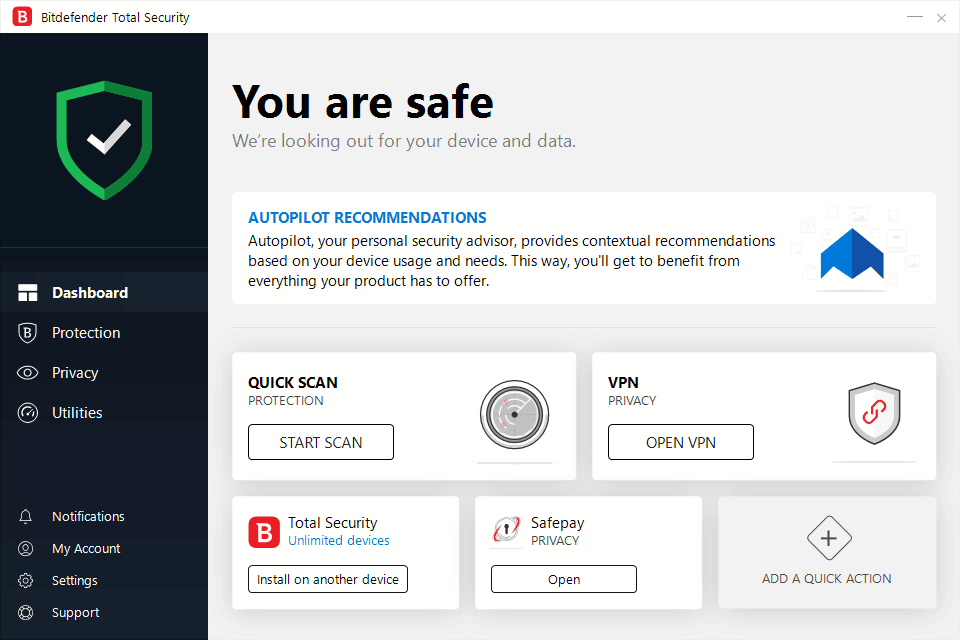 Bitdefender İnternet Güvenliği 2019 ana ekranı