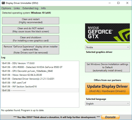 Главное окно программы удаления драйвера дисплея Код ошибки NVIDIA GeForce Experience 0x0001