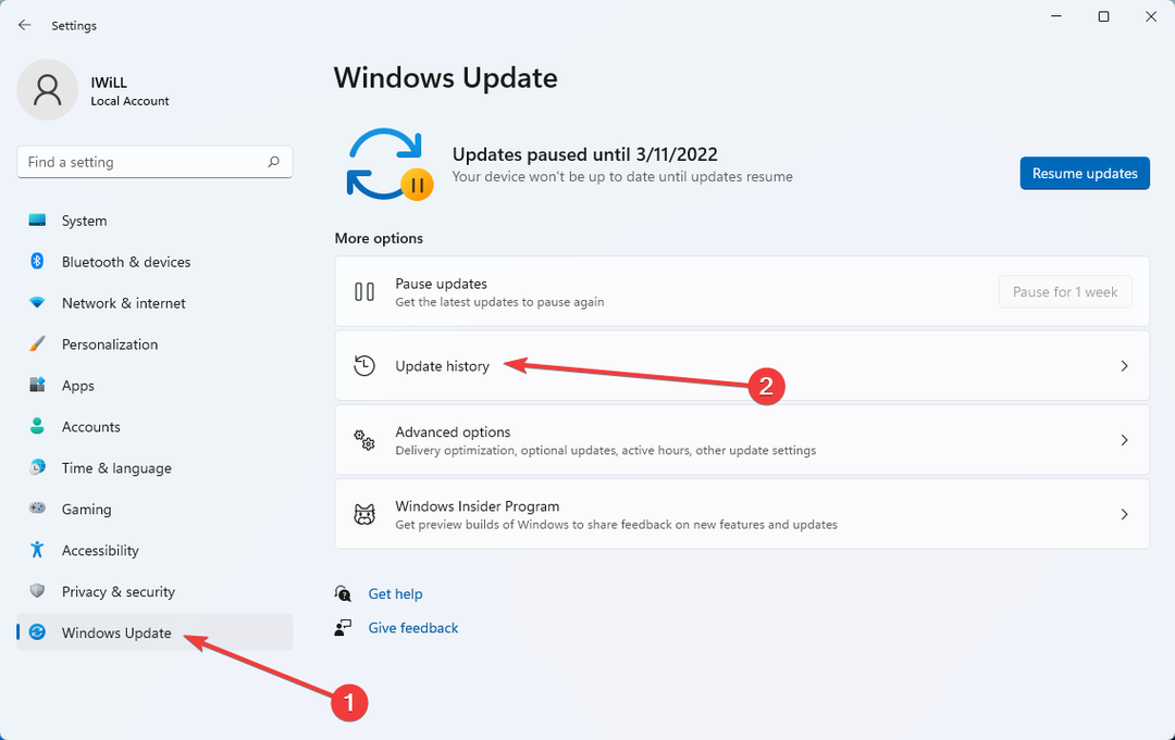 Värskenduste ajalugu Windows Update'is