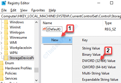 Editor del registro Criteri di archiviazione del dispositivo Lato destro Fare clic con il pulsante destro del mouse Nuovo valore Dword (32 bit)