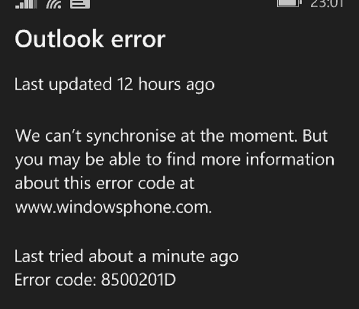 Microsoft reconnaît l'erreur de téléphone Windows 8500201D empêchant la synchronisation des e-mails