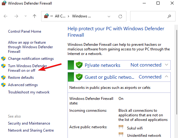 ჩართეთ ან გამორთეთ Windows Defender Firewall