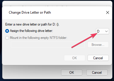 Промяна на буквата на устройството в падащото меню на устройството Windows 11