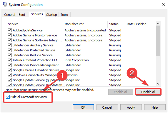 i servizi di configurazione del sistema nascondono tutti i servizi Microsoft - Silhouette non si aggiornerà