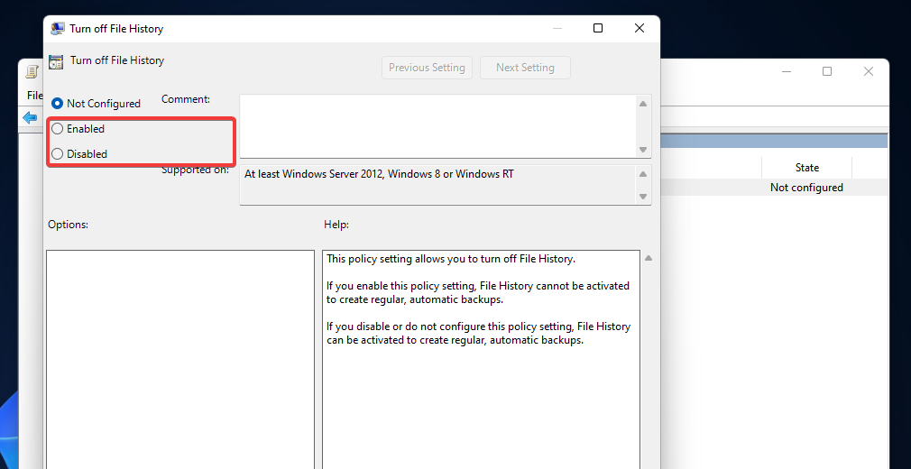 Az Engedélyezve és a Letiltva beállítások Windows 11 fájltörténet