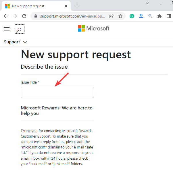 Entrez le titre du problème dans la page de support de Microsoft Rewards