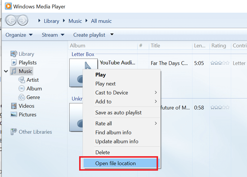 Windows Media Player Åpne filplassering