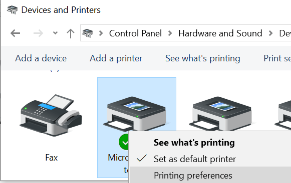 تفضيلات الطباعة لوحة التحكم