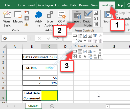 Ms Excel Kehittäjä -välilehti Lisää ActiveX-ohjaimet-komentopainike