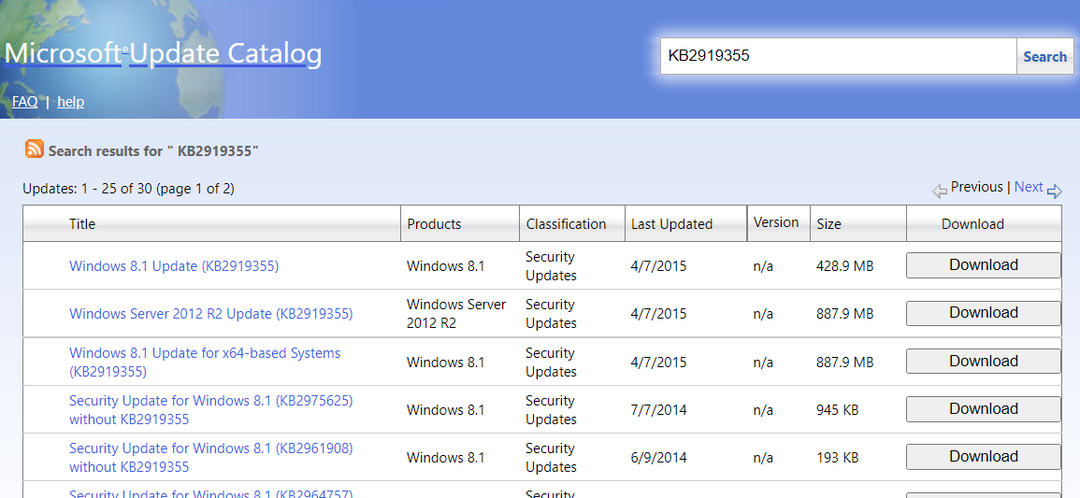 Et Microsoft Update Catalog-søk 0x800705aa