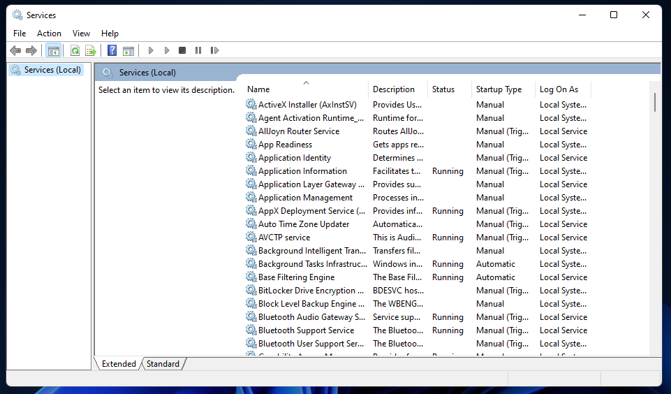 Szolgáltatások ablak Windows 11 fájltörténet