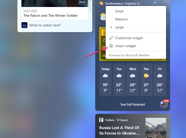 Možnosť Odopnúť miniaplikáciu počasie systému Windows 11 na paneli úloh