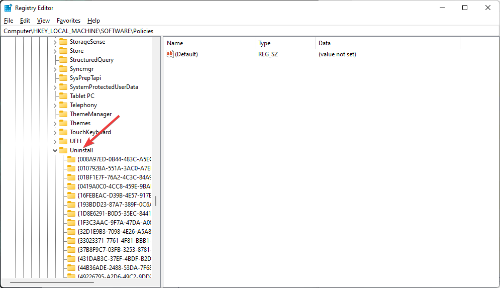 desinstalação do espaço regedit