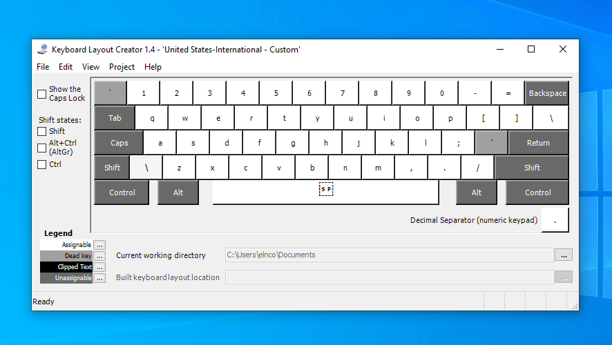 Rozhraní aplikace Microsoft Keyboard Layout Creator