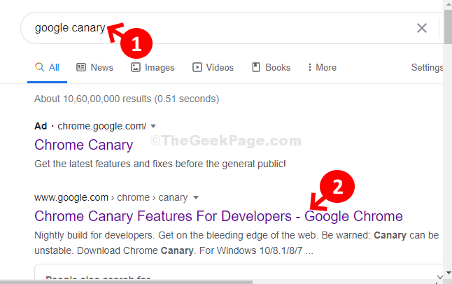 Google खोज Google कैनरी 1 परिणाम पर क्लिक करें
