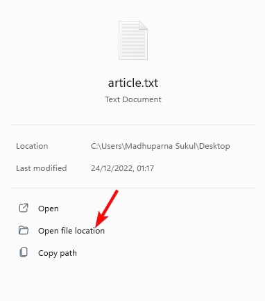 Öffnen Sie den Dateispeicherort rechts für die Datei