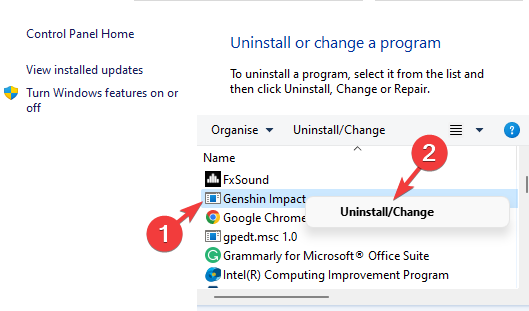 Högerklicka på Genshin Impact i Program och funktioner