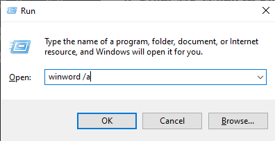 winword a príkaz v okne spustenia - Windows potrebuje viac miesta na disku na tlač