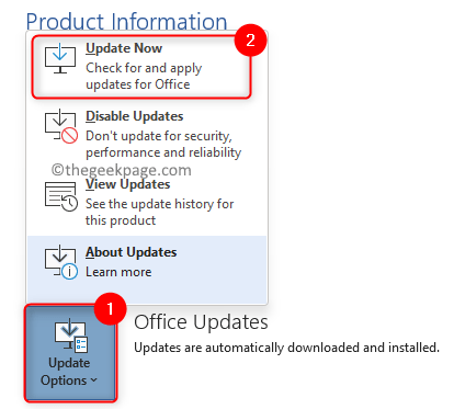 Opções de atualização do Office Atualizar agora Min