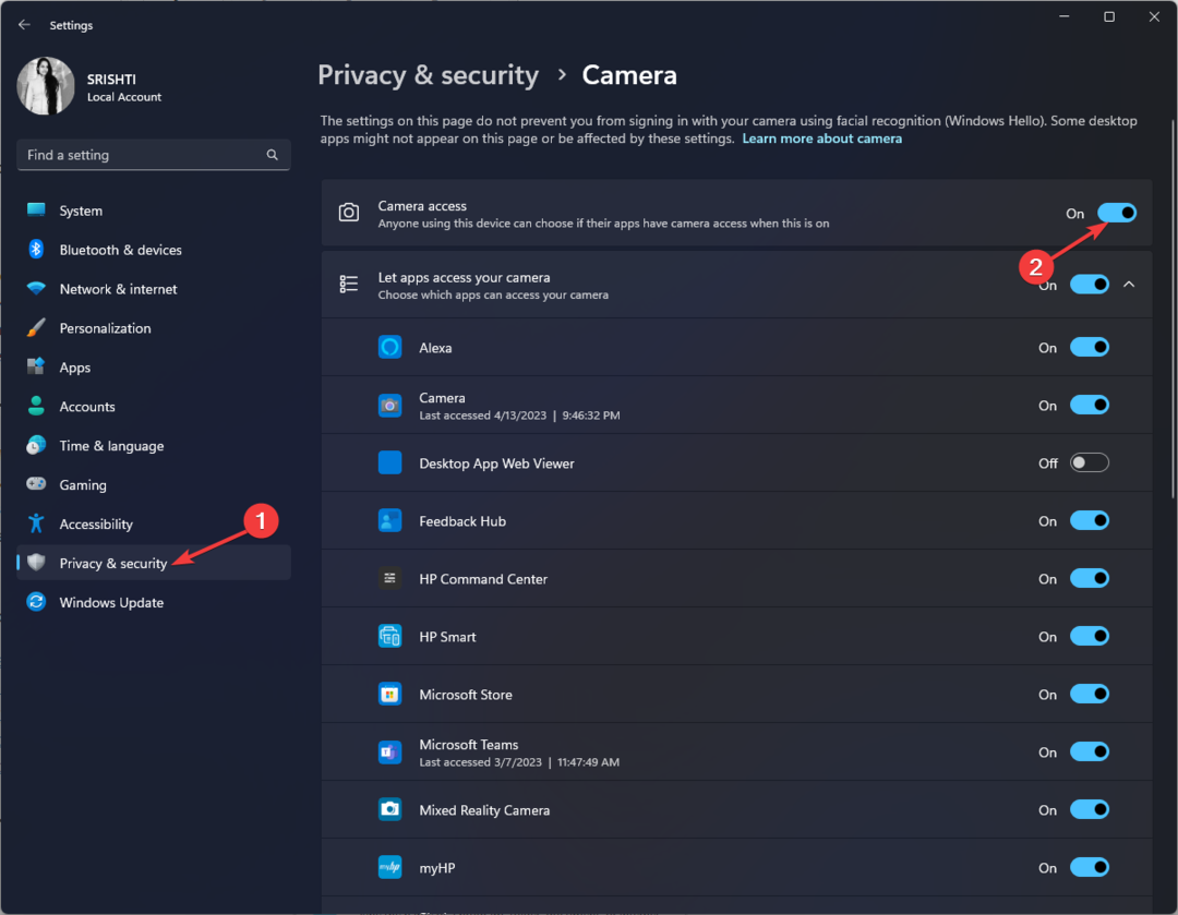 Privatnost i sigurnost i pristup kameri 0xa00f4289