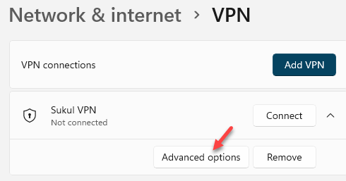 VPN de rede e Internet Selecione as opções avançadas de VPN