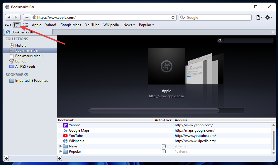 Kuva kõik järjehoidjad, nupp Safari Windows 11 allalaadimine
