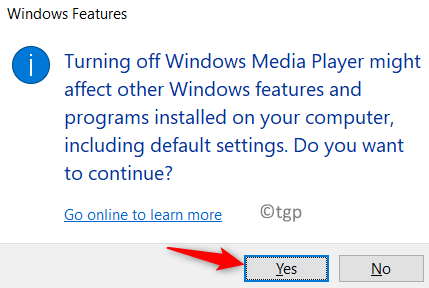 Confirmar Desactivar las características de Windows Mín.