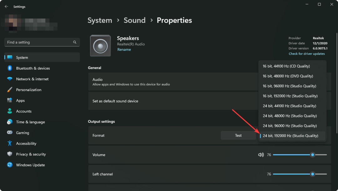mijenjanje postavki brzine prijenosa audio formata u sustavu Windows 11