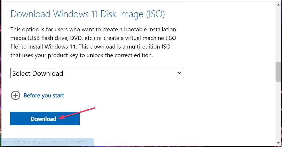 Postavke prikaza opcije Download Windows 11 ne rade