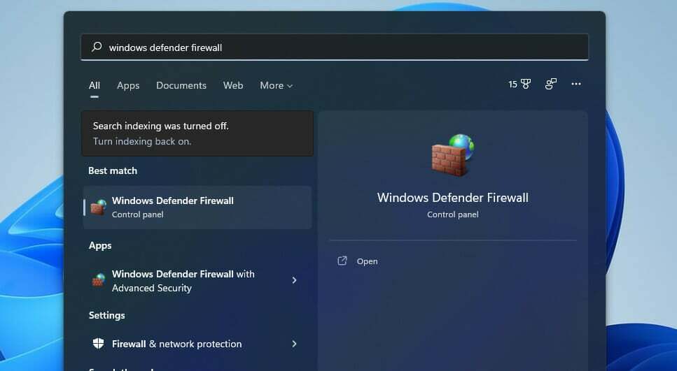 ข้อผิดพลาดของผลการค้นหา Windows Defender Firewall แนวหน้าของ windows 11