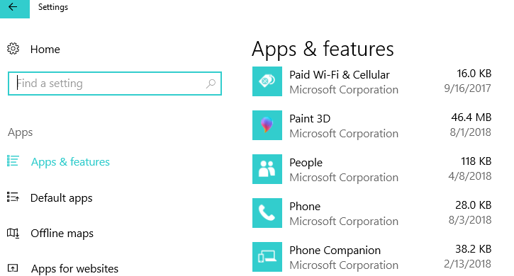 informacije o velikosti aplikacije za Windows 10
