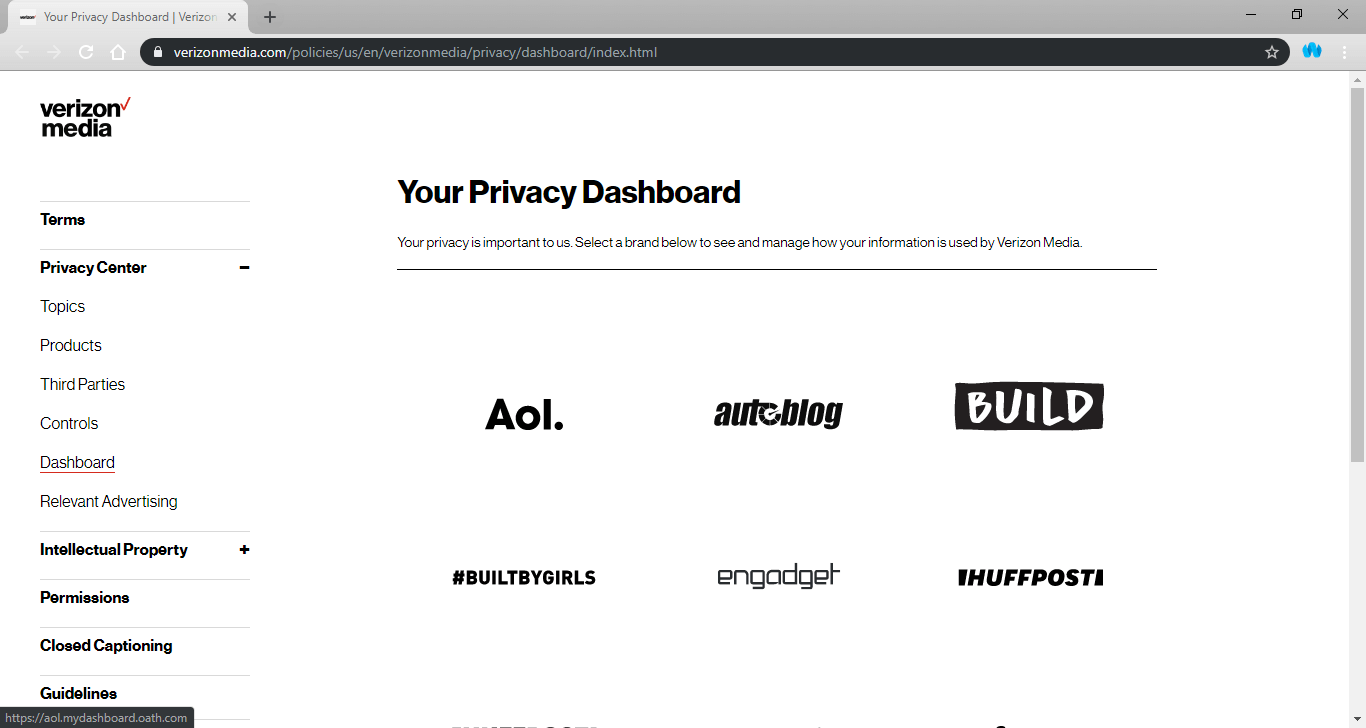 Stranica nadzorne ploče privatnosti