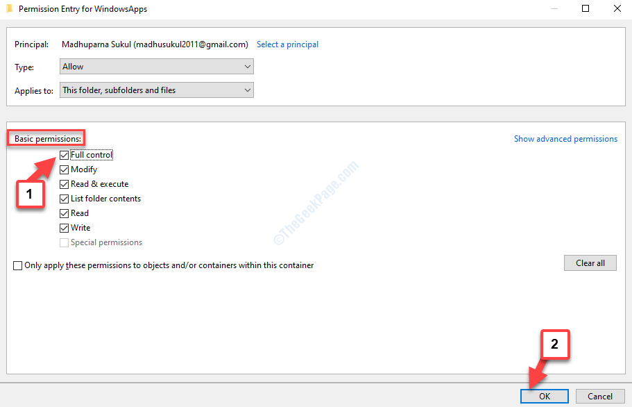 Tilladelsesindtastning til Windowsapps Grundlæggende tilladelser Fuld kontrol Kontroller Ok