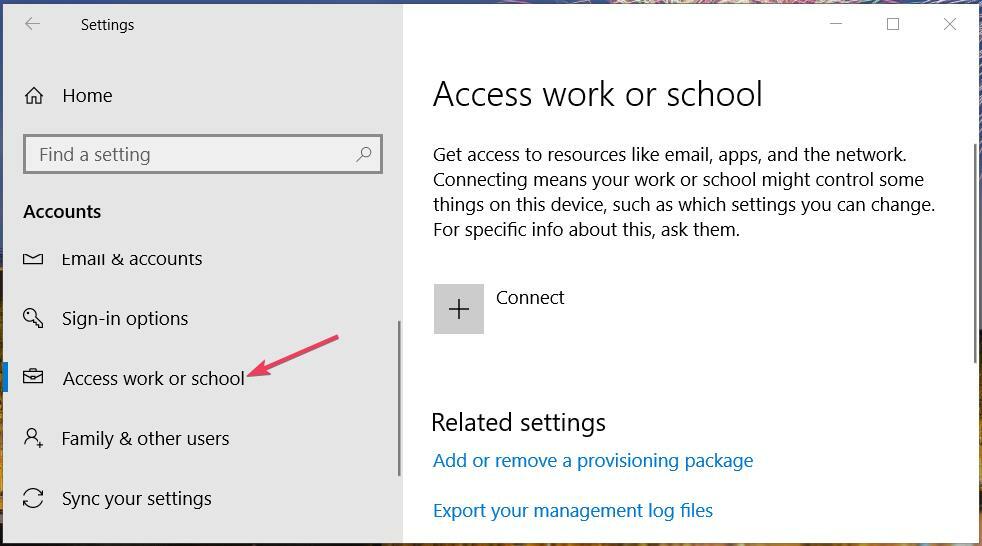 Prieiga prie darbo arba mokyklos skirtuko pašalinkite darbo arba mokyklos paskyrą iš „Windows 10“.