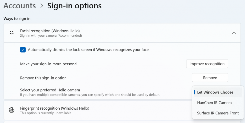 Anzeige eines neuen Dropdown-Menüs in den Sign-n-Einstellungen für Ihre bevorzugte Kamera mit der Aufschrift „Lassen Sie Windows wählen“ oder lassen Sie die Kamera auswählen.
