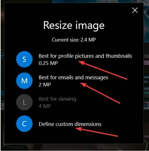 Opțiuni pentru redimensionarea imaginii în Windows Photos