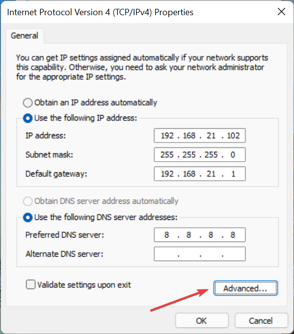 Klicken Sie auf Erweitert, um die sekundäre IP-Adresse zu entfernen