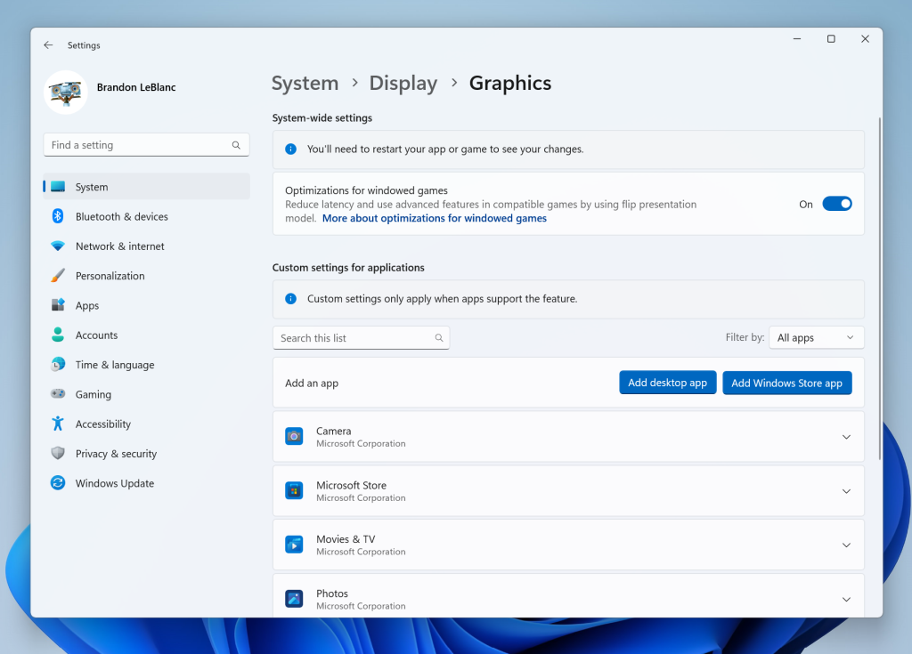 Страницата с графични настройки е актуализирана, за да съответства по-добре на визуалните елементи на Windows 11.