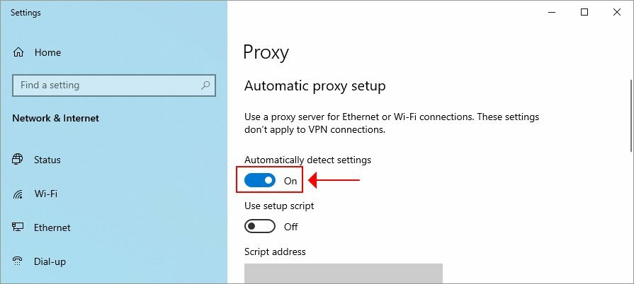 autodetekce nastavení proxy v systému Windows 10