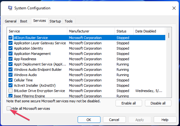 Nascondi tutti i servizi Microsoft opzione forza Horizon 5 stuttering pc