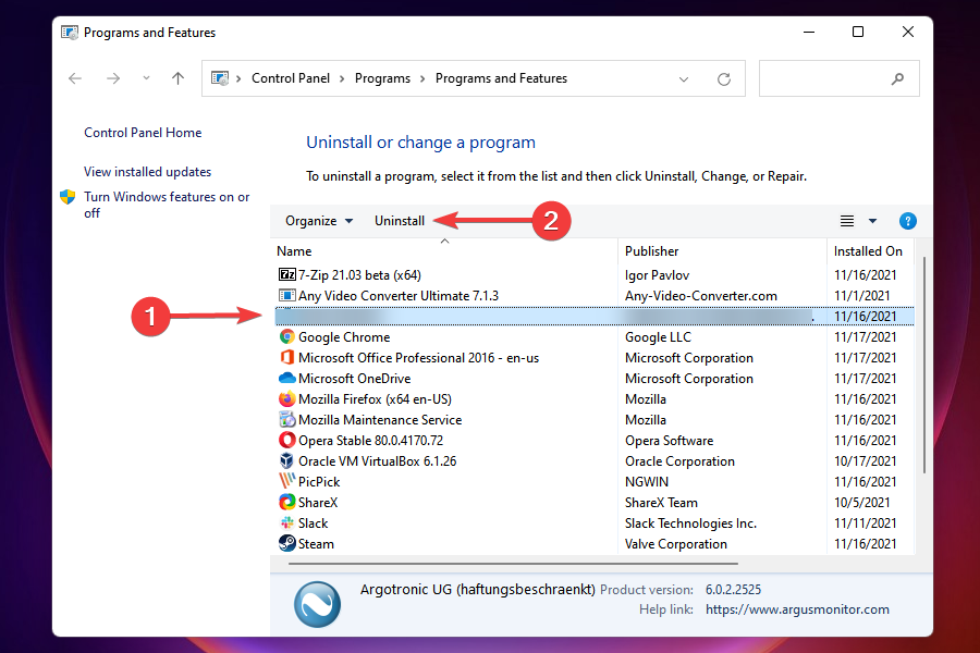 Copot pemasangan aplikasi untuk memperbaiki mouse dan keyboard tidak berfungsi di Windows 11