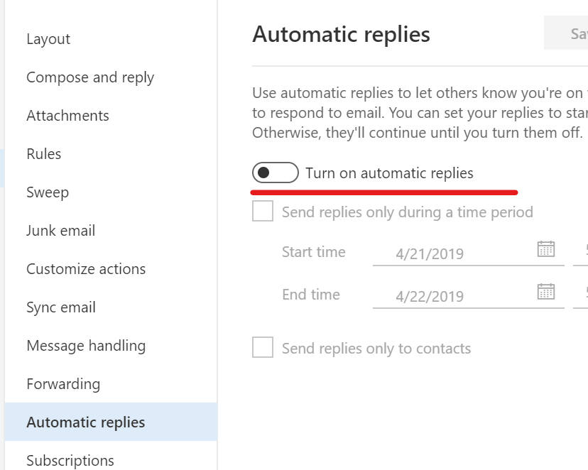 „Outlook“ išjungti automatinius atsakymus