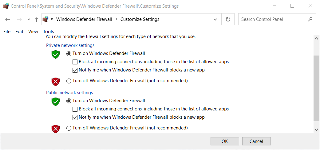 Изключването на настройките на защитната стена на Windows Defender за Ethernet в диспечера на задачите